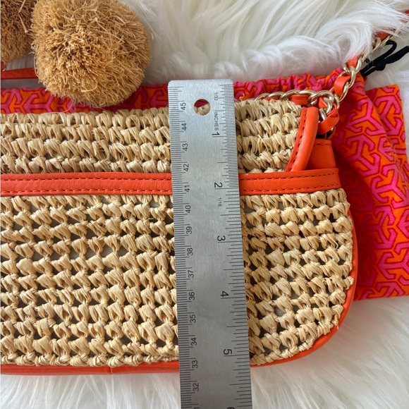 Tory Burch Raffia Orange Leather Gold Chain Pom Crossbody Bag - Picture 8 of 9